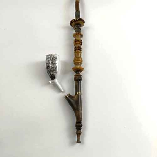 Antique handmade pipe used, horn, bronze and porcelain with deer motif