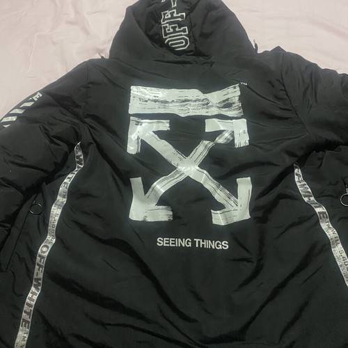 Off White black puffer jacket with hood and red lining, size L