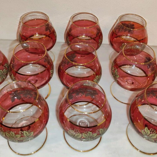 Cognac glasses used, pack of 11, red with gold and green design