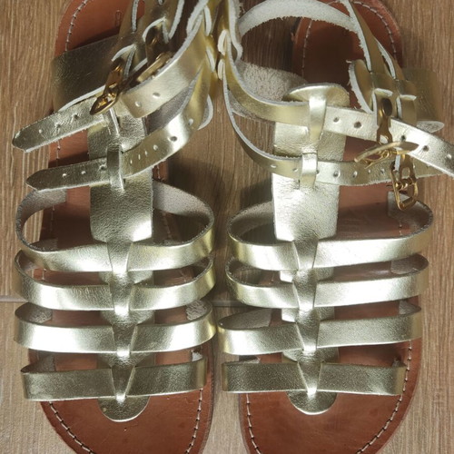 Leather gold gladiator sandals used, classic Greek style size 38