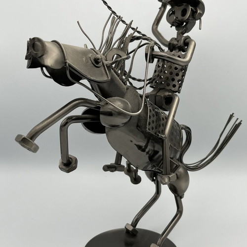 Handmade Industrial Metal Sculpture "Cowboy with Lasso on Horse"