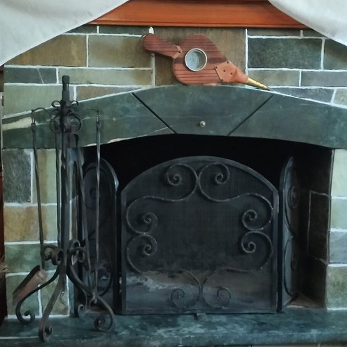 Fireplace screen with accessories used, heavy-duty forged black set