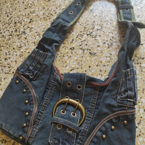 Vintage denim shoulder bag, blue multicolor
