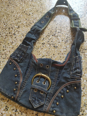 Vintage denim shoulder bag, blue multicolor