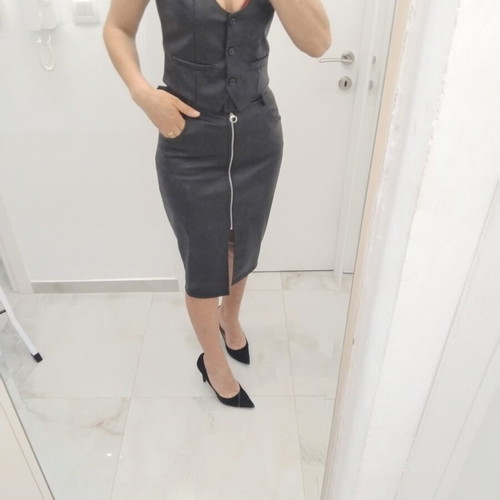 Leather set like new, vest and midi skirt with belt, black