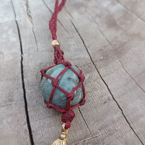 Macrame necklace pouch with chrysocolla quantum quattro silica stone, new