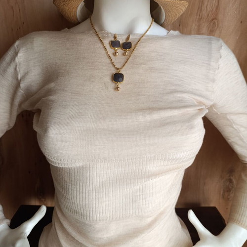 Necklace and earrings set stainless steel gold plated with semi-precious stones and anthracite color, new