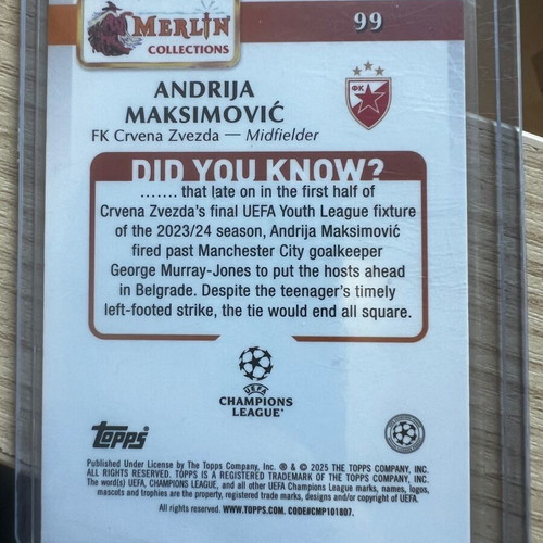 Topps Merlin UEFA 2024-25 Andrija Maksimovic Blue Refractor RC like new