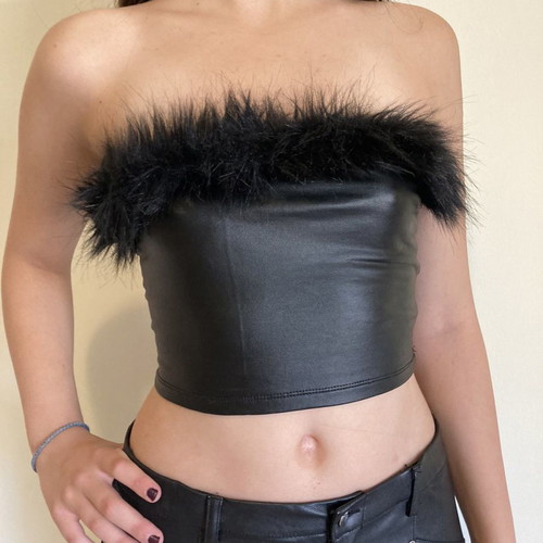 Black leather strapless top with faux fur new, size S
