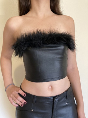 Black leather strapless top with faux fur new, size S