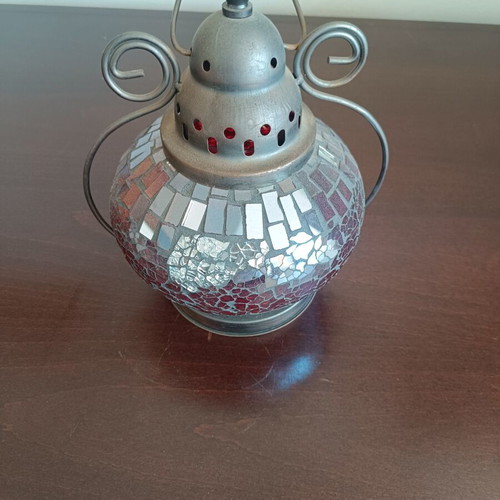 Decorative lantern with mosaic glass and metal frame used