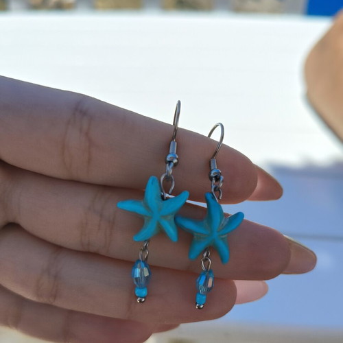 Handmade earrings from stainless steel with blue beads, summer style