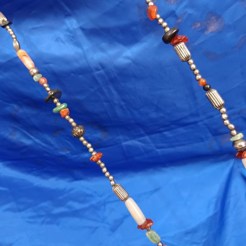 Vintage ‘80s Ethnic Tribal Nepal Necklace with Semi-Precious Stones and Metal Beads new, multicolor