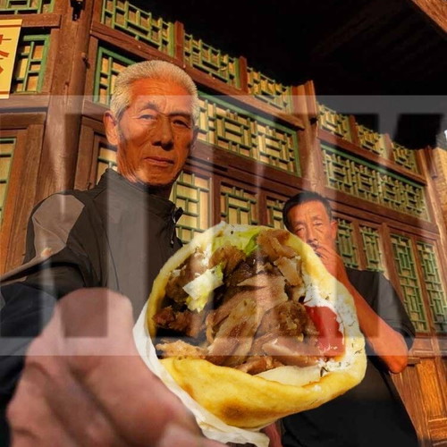 T-shirt with elderly Chinese man holding pita with gyro made to order, black