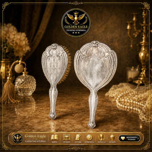 Silver-plated carved vintage mirror and brush set, 1920s