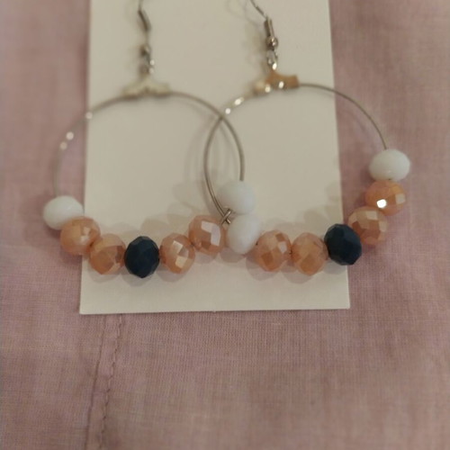 Hoop earrings with shiny polygonal beads in pink, white, and petrol, new