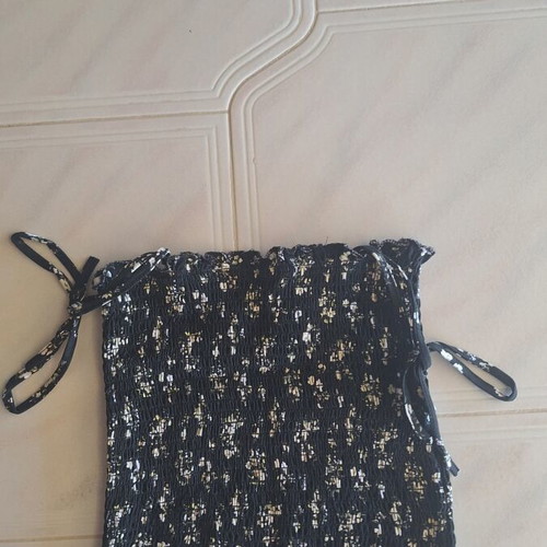 Pink Woman black smocked top with floral print size S like new