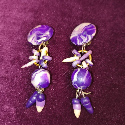 Handmade clay earrings like new, white and purple, 1980s