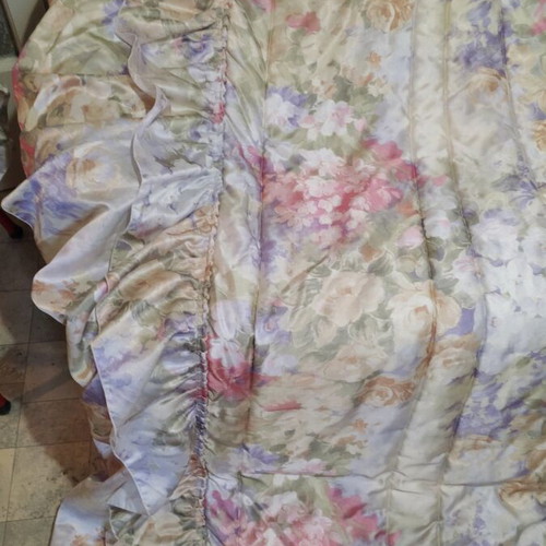 Satin floral quilt set with drapery and curtain panels