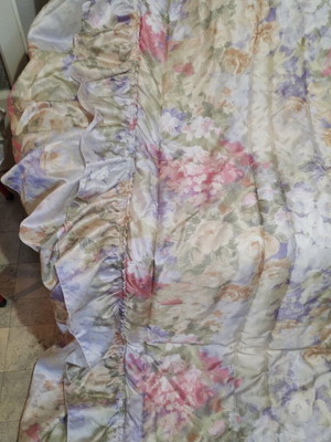Satin floral quilt set with drapery and curtain panels