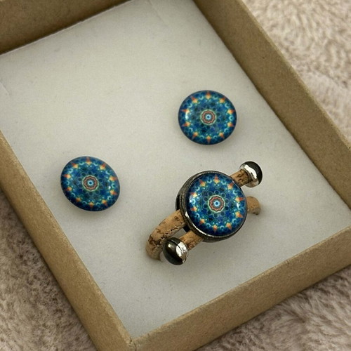Jewelry set blue and turquoise boho-ethnic with cork base ring new
