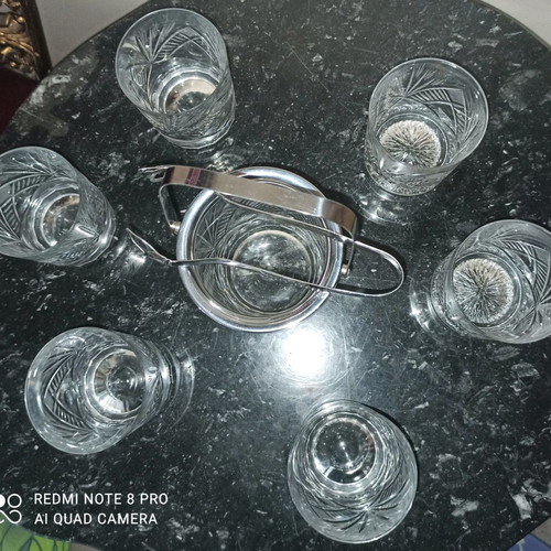 Bohemian crystal whiskey glasses and ice bucket set like new