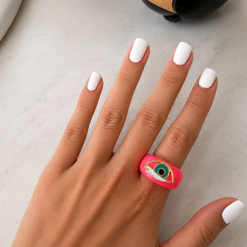 Coral-Red Neon Pink Chunky Ring Y2K With Evil Eye Design Like New