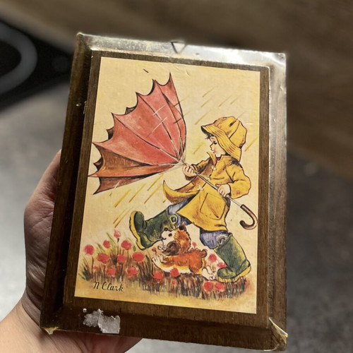 Vintage wooden wall plaque N. Clark with child and dog illustration
