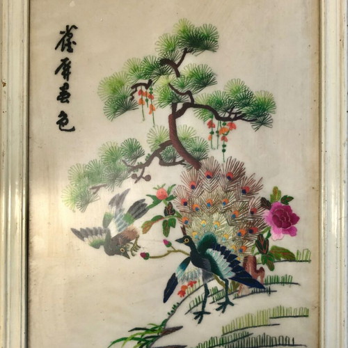 Japanese embroidered vintage fabric painting with birds and flowers