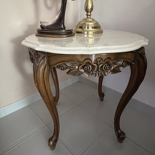 Carved Canadian Solid Wood Living Room Set like new with Marble Tables