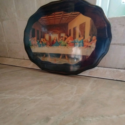 Wooden vintage wall plaque with Last Supper depiction used