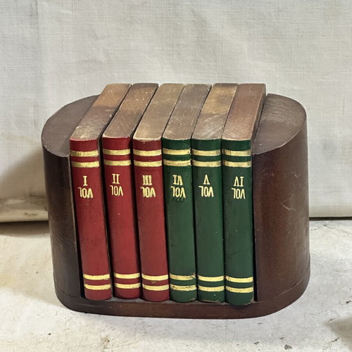 Vintage wooden set of 6 coasters shaped like books with bookshelf