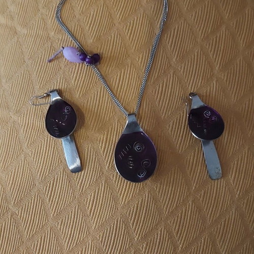 Handmade necklace and earrings set from steel with enamel new, purple