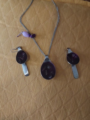 Handmade necklace and earrings set from steel with enamel new, purple