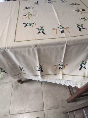 Handmade embroidered tablecloth like new with chef designs and crocheted lace