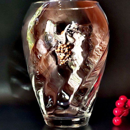 Crystal glass vase with metal grape and vine applique