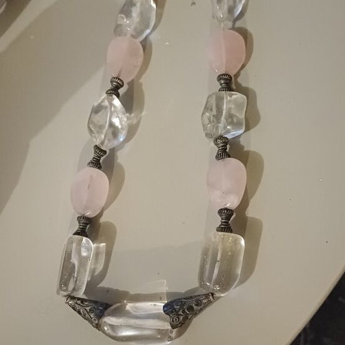 Quartz necklace like new with large white and pink stones and silver clasp