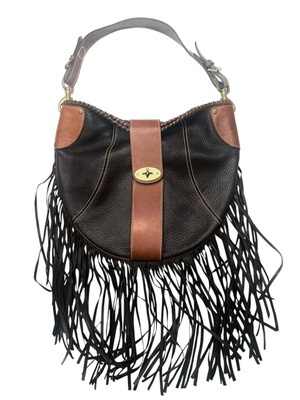 Mulberry Whipstitched Fringe Hobo дамска чанта употребявана, черно и кафяво