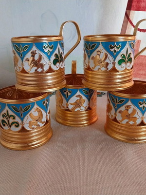 Подстакани от СССР, алуминиеви, емайлирани, като ново, комплект от 5