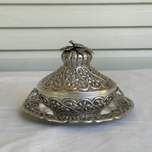 Ornate Silver Bowl Antique with Lid and Plate
