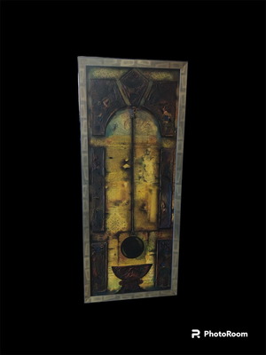 Painting Ekremes used, oil, sand, collage 57x138cm