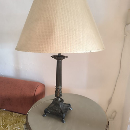 Vintage table lamp with brass and solid metal base, beige shade