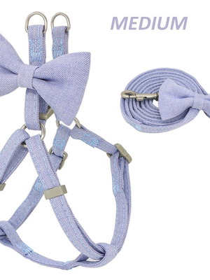 Mister Bow Set dog harness and leash blue with bow size M new