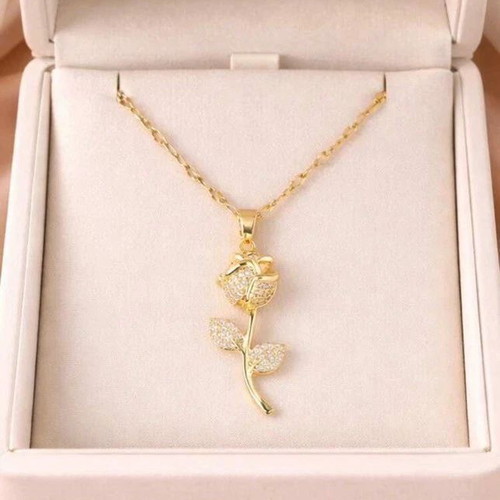 18K Gold Plated Rose Pendant Necklace with Sparkling CZ Crystal