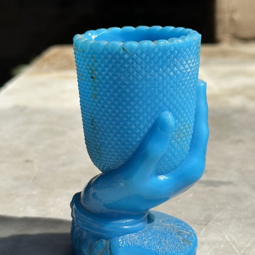 Vintage Blue Opaline Hand-Shaped Glass Used Decoration