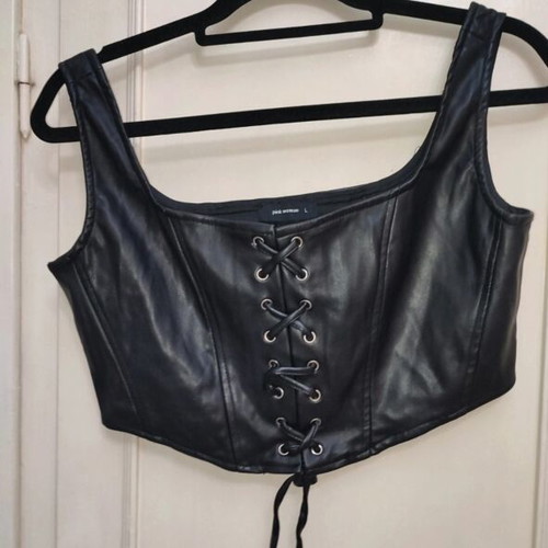 Black Faux Leather Corset Top Pink Woman size L like new