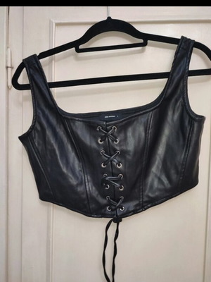 Black Faux Leather Corset Top Pink Woman size L like new