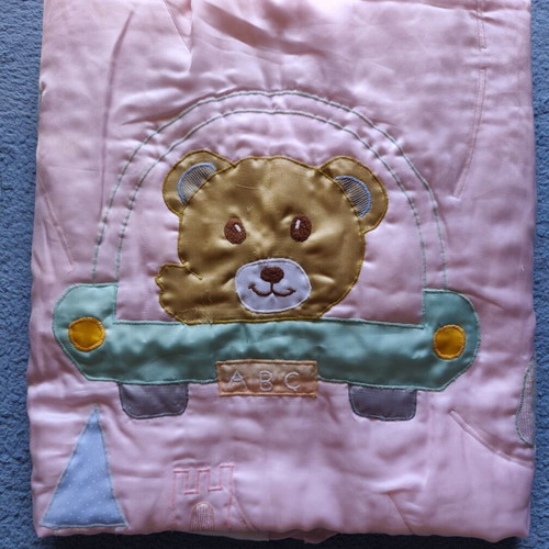 Baby satin blanket with embroidered teddy bear used, pink