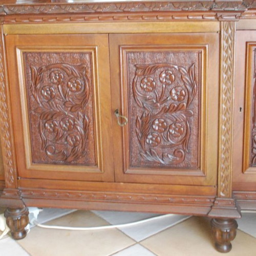 Mahogany carved display cabinet used, handmade by Dimitris Kamaro 1978