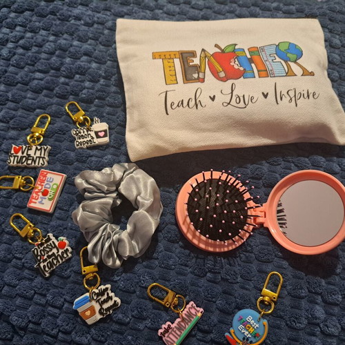Teacher Gift Set fabric pouch with brush, mirror, hair tie and keychain